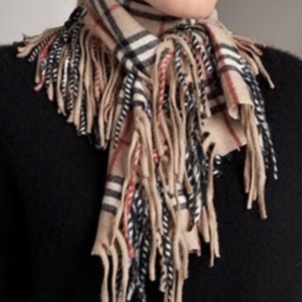 Burberry Check Caramel 100% Cashmere Fringe Scarf